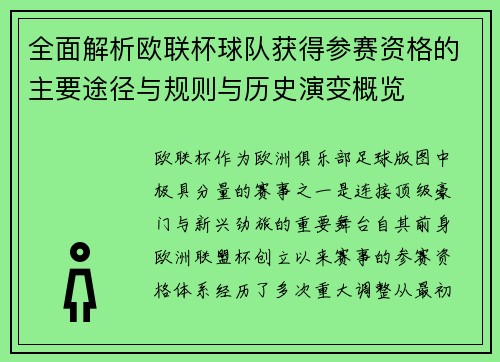 全面解析欧联杯球队获得参赛资格的主要途径与规则与历史演变概览